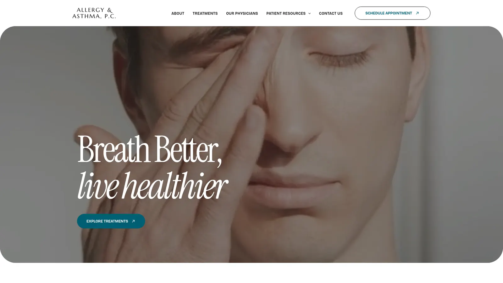 Allergy & Asthma, P.C. homepage: large serif headline 'Breathe Better, live healthier' over a soft photograph, with a Schedule Appointment button in the header.