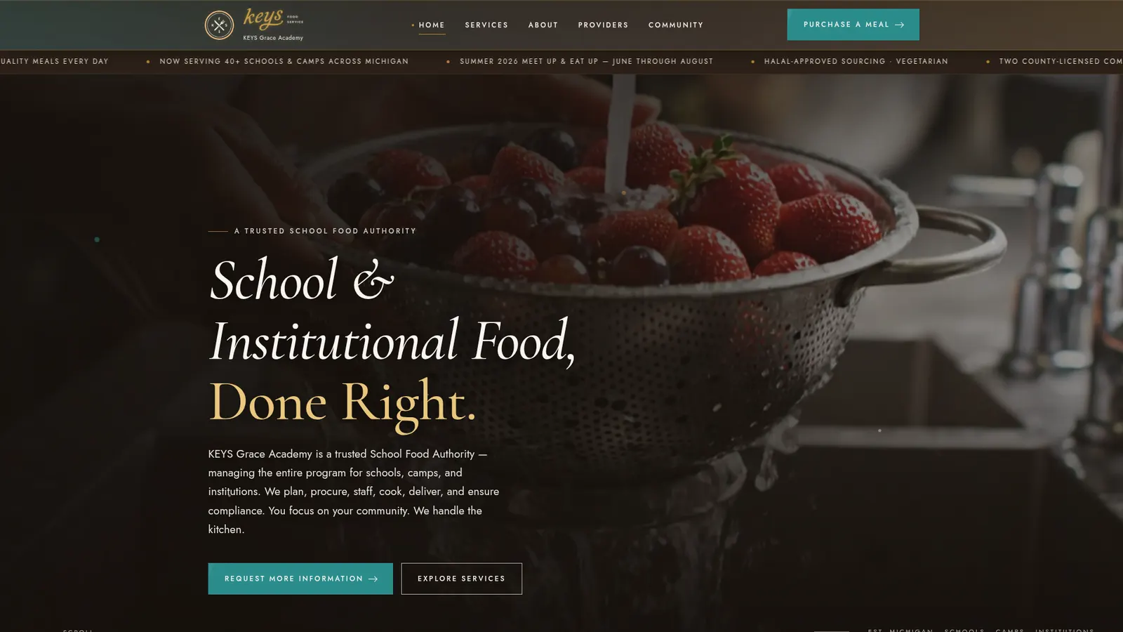 KEYS Food Service homepage: headline 'School & Institutional Food, Done Right.' over a photograph of strawberries being rinsed in a colander, with a scrolling fact ticker below the navigation.