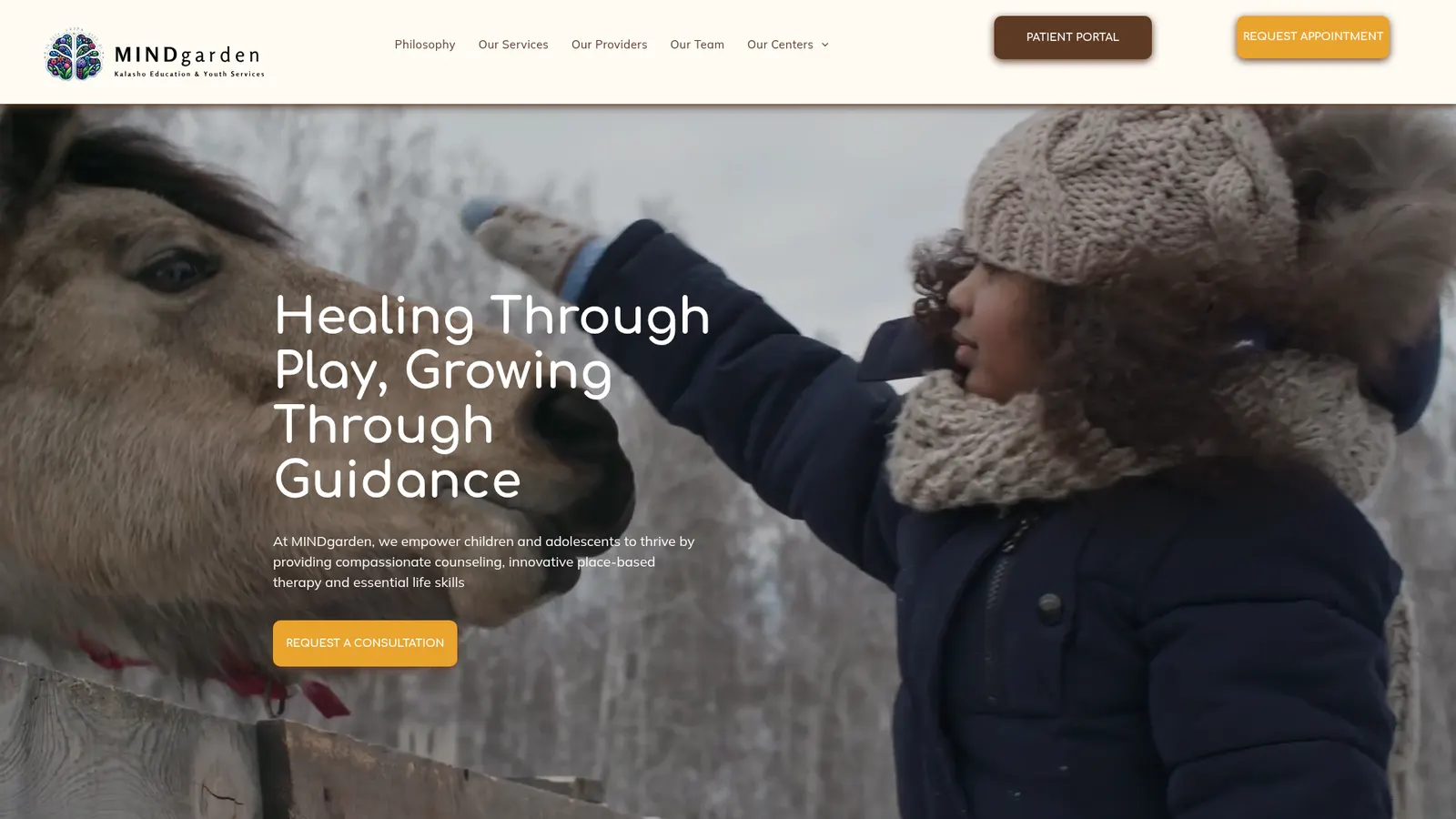 MINDgarden Centers homepage: headline 'Healing Through Play, Growing Through Guidance' beside a photograph of a child reaching out to a horse, with Patient Portal and Request Appointment buttons.
