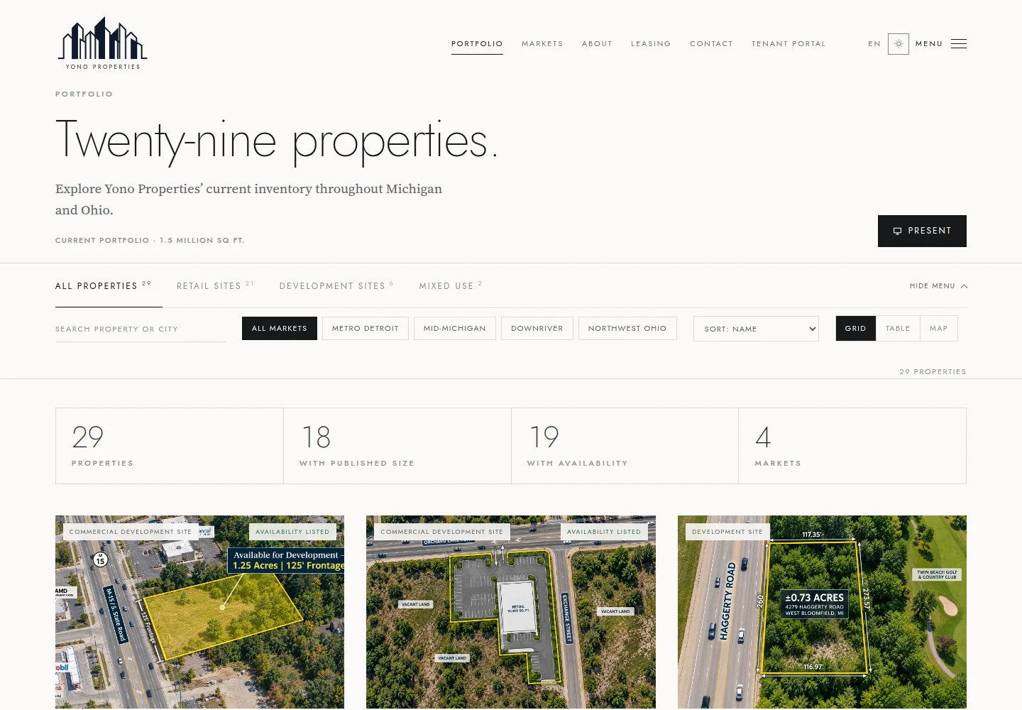 Yono Properties live property portfolio with market filters, search, view controls and aerial property photography.